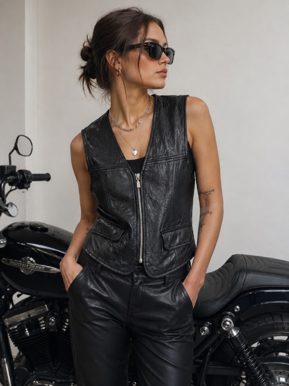 Vintage Limited America Black Genuine Leather Zip Vest Sleeveless Moto Waistcoat
